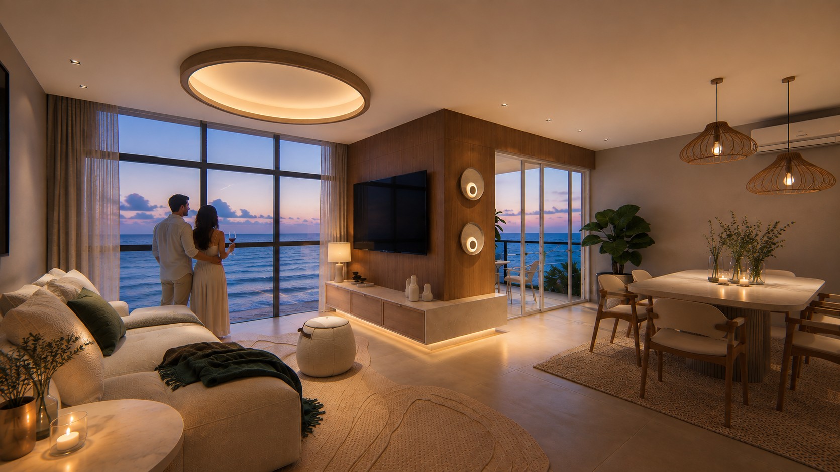 Living integrado com vista para o mar